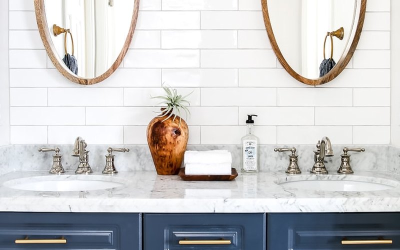 Navy bathroom vanity refinish