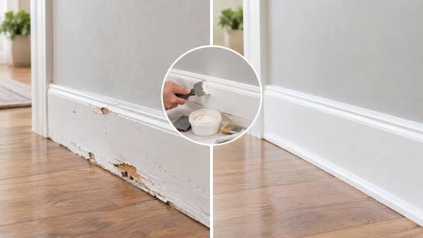 Baseboard trim repair before and after